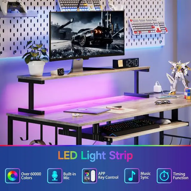 Alt view image 3 of 6 - L Shaped Gaming Desk with Power Outlets & RGB Lights, 46'' L- Shaped Desk Computer Corner Desk with Monitor Stand & Storage Shelf & Hook, Home Office Desk Writing Desk, Grey