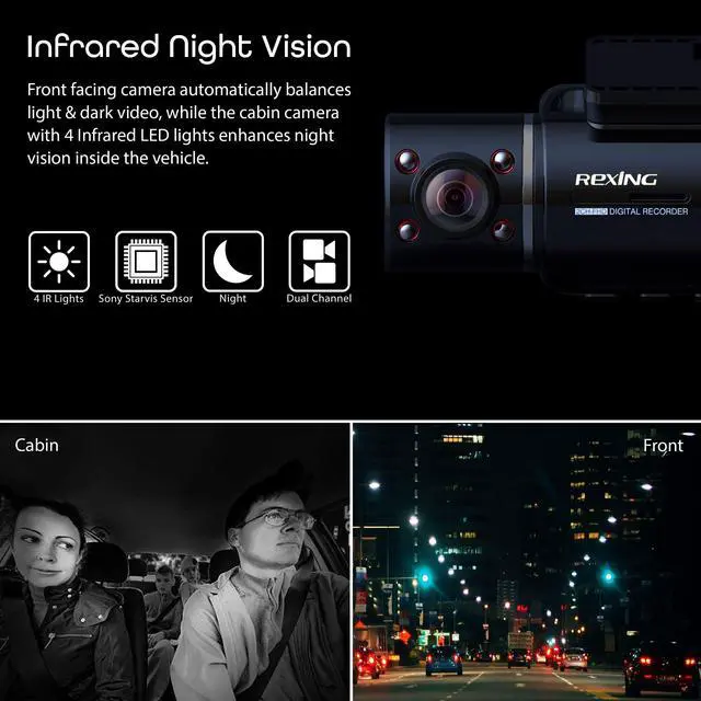 Alt view image 3 of 4 - V3 Dual Camera Front and Inside Cabin Full HD 1080p with WiFi and Built-in GPS
