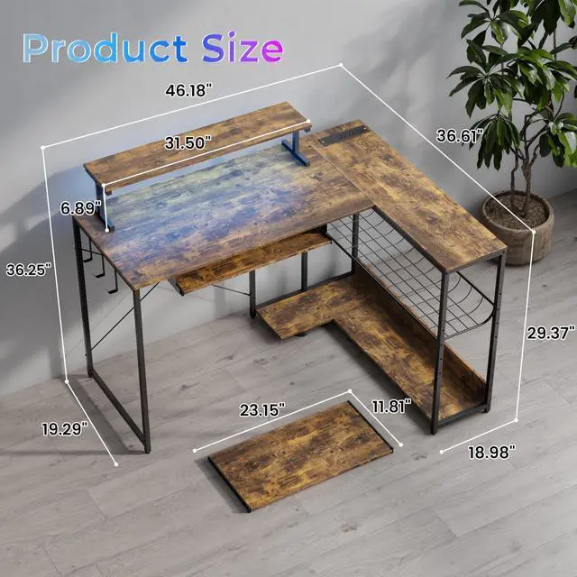 Alt view image 2 of 6 - L Shaped Gaming Desk with Power Outlets & RGB Lights, 46'' L- Shaped Desk Computer Corner Desk with Monitor Stand & Storage Shelf & Hook, Home Office Desk Writing Desk, Brown
