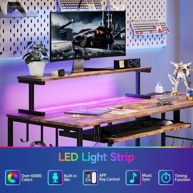 Alt view image 3 of 6 - L Shaped Gaming Desk with Power Outlets & RGB Lights, 46'' L- Shaped Desk Computer Corner Desk with Monitor Stand & Storage Shelf & Hook, Home Office Desk Writing Desk, Brown