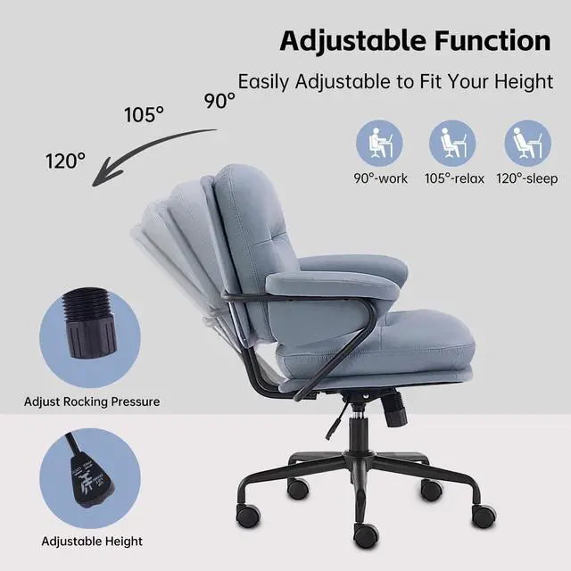 Alt view image 3 of 6 - Ergonomic Home Office Chairs Leather Office Chair, Comfortable Office Chair with Padded Armrests, Reclining Height Adjustable Comfy Computer Chair with Lumbar Support, Sage