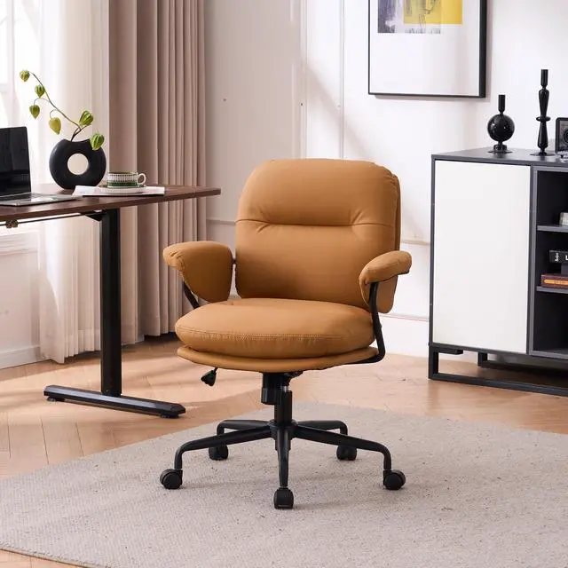 Main image of Ergonomic Home Office Chairs Leather Office Chair, Comfortable Office Chair with Padded Armrests, Reclining Height Adjustable Comfy Computer Chair with Lumbar Support, Camel