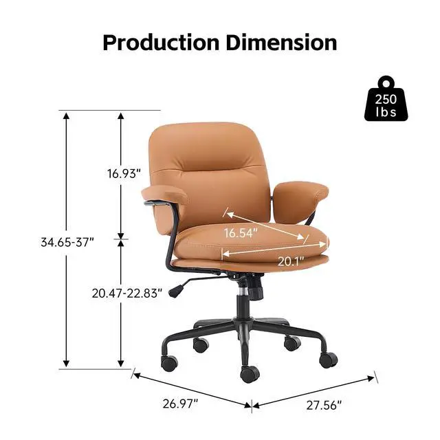 Alt view image 2 of 6 - Ergonomic Home Office Chairs Leather Office Chair, Comfortable Office Chair with Padded Armrests, Reclining Height Adjustable Comfy Computer Chair with Lumbar Support, Camel