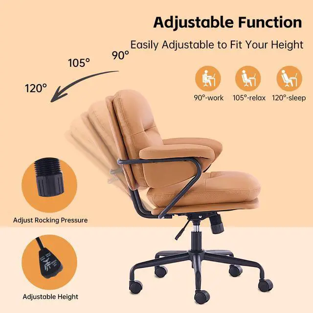 Alt view image 3 of 6 - Ergonomic Home Office Chairs Leather Office Chair, Comfortable Office Chair with Padded Armrests, Reclining Height Adjustable Comfy Computer Chair with Lumbar Support, Camel