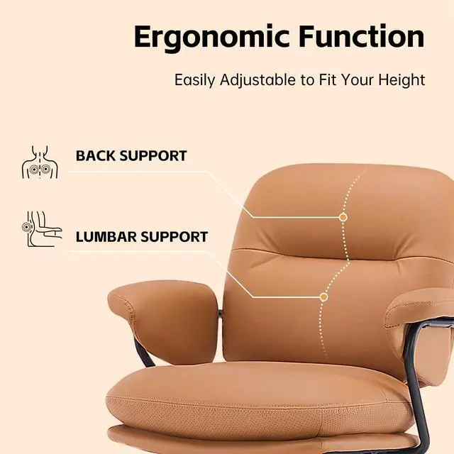 Alt view image 4 of 6 - Ergonomic Home Office Chairs Leather Office Chair, Comfortable Office Chair with Padded Armrests, Reclining Height Adjustable Comfy Computer Chair with Lumbar Support, Camel