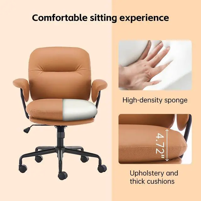 Alt view image 6 of 6 - Ergonomic Home Office Chairs Leather Office Chair, Comfortable Office Chair with Padded Armrests, Reclining Height Adjustable Comfy Computer Chair with Lumbar Support, Camel