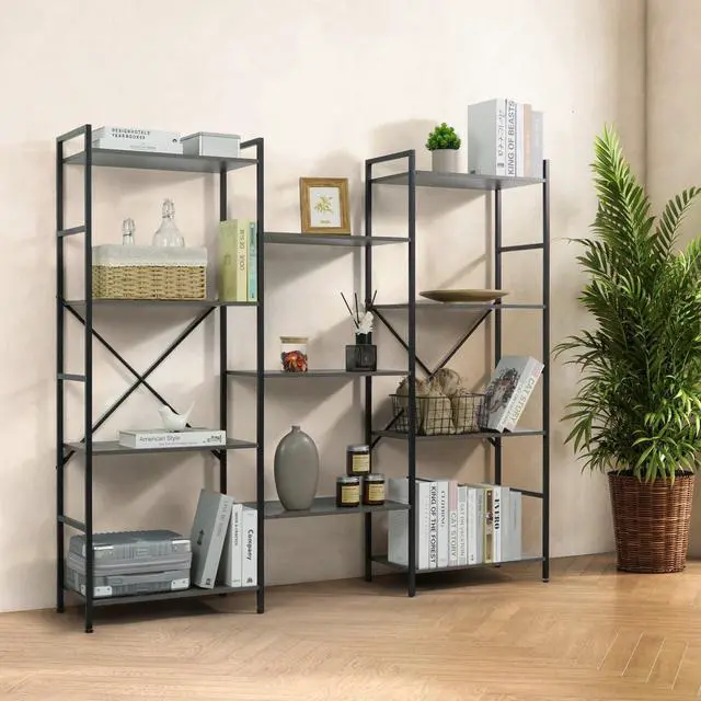 Main image of Triple Column 4 Tier Bookshelf, Industrial Triple Bookcase with 11 Open Display Shelves, Adjustable Wide Shelf for Living Room, Bedroom, Home and Office, Dark Grey
