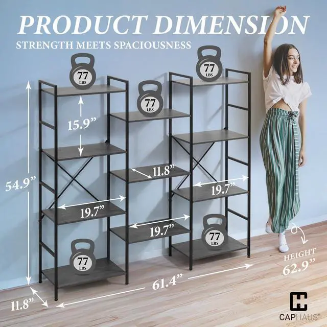 Alt view image 2 of 6 - Triple Column 4 Tier Bookshelf, Industrial Triple Bookcase with 11 Open Display Shelves, Adjustable Wide Shelf for Living Room, Bedroom, Home and Office, Dark Grey