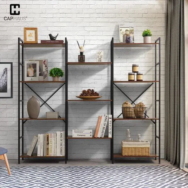 Alt view image 6 of 6 - Triple Column 4 Tier Bookshelf, Industrial Triple Bookcase with 11 Open Display Shelves, Adjustable Wide Shelf for Living Room, Bedroom, Home and Office, Dark Grey