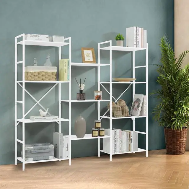 Main image of Triple Column 4 Tier Bookshelf, Industrial Triple Bookcase with 11 Open Display Shelves, Adjustable Wide Shelf for Living Room, Bedroom, Home and Office, White