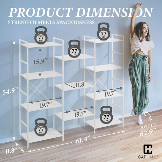 Alt view image 2 of 6 - Triple Column 4 Tier Bookshelf, Industrial Triple Bookcase with 11 Open Display Shelves, Adjustable Wide Shelf for Living Room, Bedroom, Home and Office, White