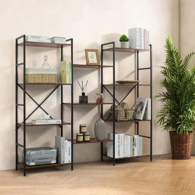 Main image of Triple Column 4 Tier Bookshelf, Industrial Triple Bookcase with 11 Open Display Shelves, Adjustable Wide Shelf for Living Room, Bedroom, Home and Office, Rustic Oak