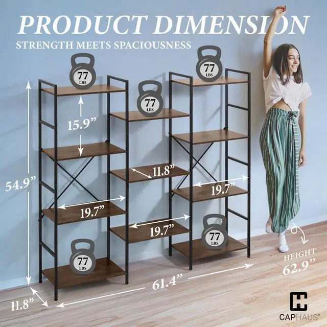Alt view image 2 of 6 - Triple Column 4 Tier Bookshelf, Industrial Triple Bookcase with 11 Open Display Shelves, Adjustable Wide Shelf for Living Room, Bedroom, Home and Office, Rustic Oak