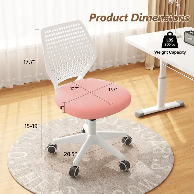 Alt view image 2 of 6 - Small Office Chair with Wheels, Armless Desk Chair Height Adjustable Swivel Rolling Task Chair Breathable Mesh Ergonomic Computer Work Chair for Adult, Pink