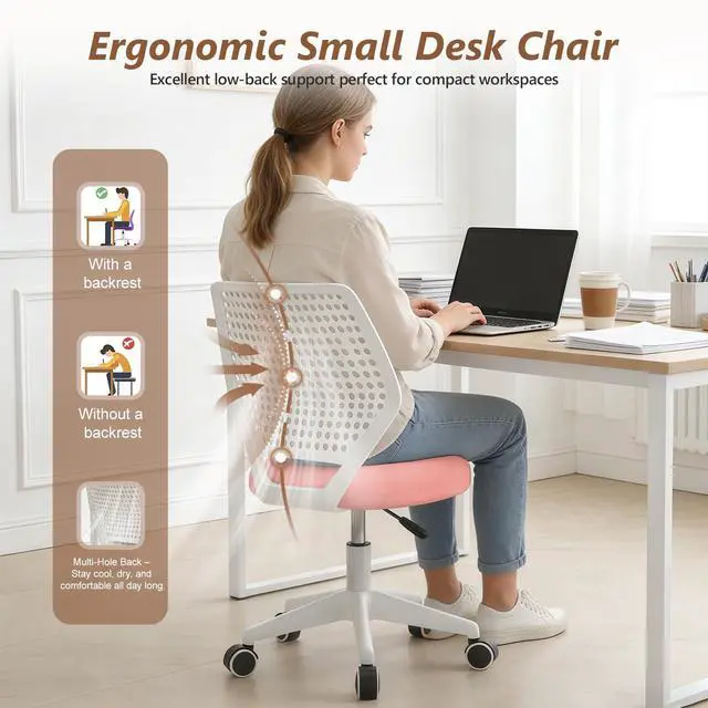 Alt view image 3 of 6 - Small Office Chair with Wheels, Armless Desk Chair Height Adjustable Swivel Rolling Task Chair Breathable Mesh Ergonomic Computer Work Chair for Adult, Pink