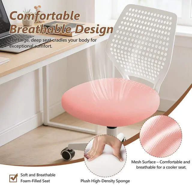 Alt view image 4 of 6 - Small Office Chair with Wheels, Armless Desk Chair Height Adjustable Swivel Rolling Task Chair Breathable Mesh Ergonomic Computer Work Chair for Adult, Pink