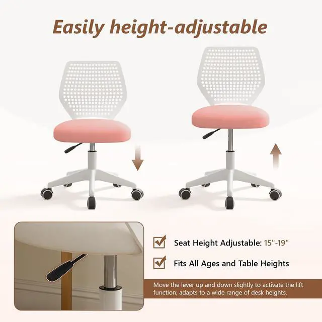 Alt view image 5 of 6 - Small Office Chair with Wheels, Armless Desk Chair Height Adjustable Swivel Rolling Task Chair Breathable Mesh Ergonomic Computer Work Chair for Adult, Pink