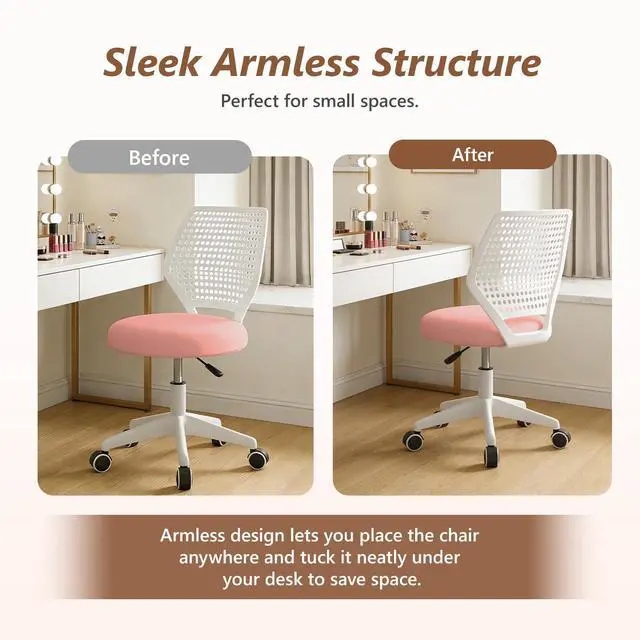 Alt view image 6 of 6 - Small Office Chair with Wheels, Armless Desk Chair Height Adjustable Swivel Rolling Task Chair Breathable Mesh Ergonomic Computer Work Chair for Adult, Pink