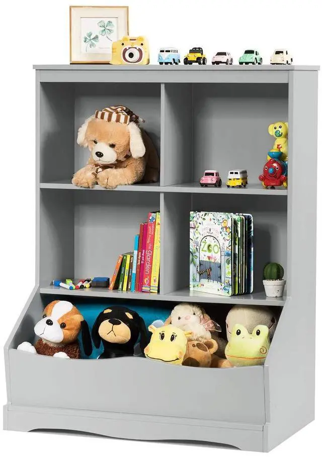 Main image of Storage Cabinet, Cubby Toy Organizer, 3 Shelf 4 Cube Units, Storage Bins Cubbies for Kids' Collections, Kids Bookshelf and Bookcase for Children Playroom Hallway Kindergarten School, Gray