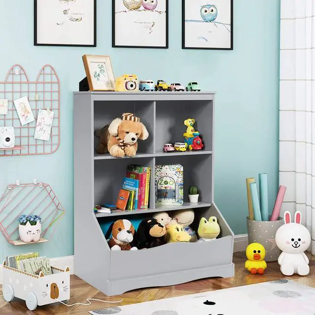 Alt view image 2 of 6 - Storage Cabinet, Cubby Toy Organizer, 3 Shelf 4 Cube Units, Storage Bins Cubbies for Kids' Collections, Kids Bookshelf and Bookcase for Children Playroom Hallway Kindergarten School, Gray