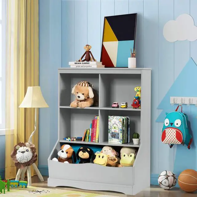 Alt view image 4 of 6 - Storage Cabinet, Cubby Toy Organizer, 3 Shelf 4 Cube Units, Storage Bins Cubbies for Kids' Collections, Kids Bookshelf and Bookcase for Children Playroom Hallway Kindergarten School, Gray