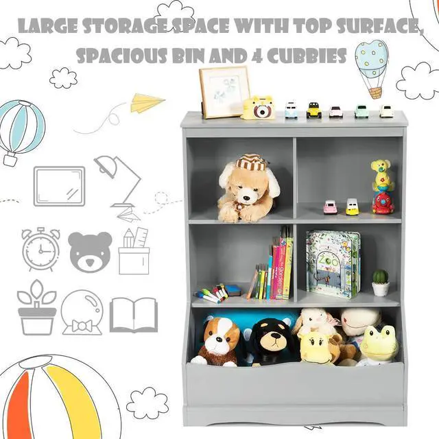 Alt view image 5 of 6 - Storage Cabinet, Cubby Toy Organizer, 3 Shelf 4 Cube Units, Storage Bins Cubbies for Kids' Collections, Kids Bookshelf and Bookcase for Children Playroom Hallway Kindergarten School, Gray
