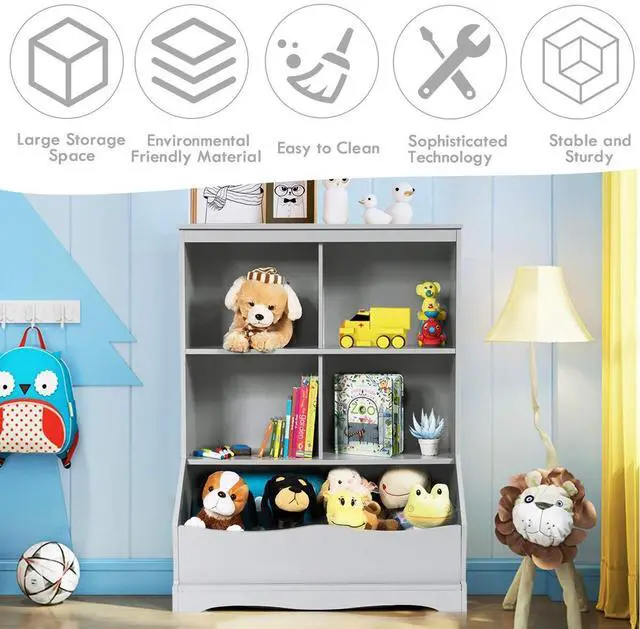 Alt view image 6 of 6 - Storage Cabinet, Cubby Toy Organizer, 3 Shelf 4 Cube Units, Storage Bins Cubbies for Kids' Collections, Kids Bookshelf and Bookcase for Children Playroom Hallway Kindergarten School, Gray