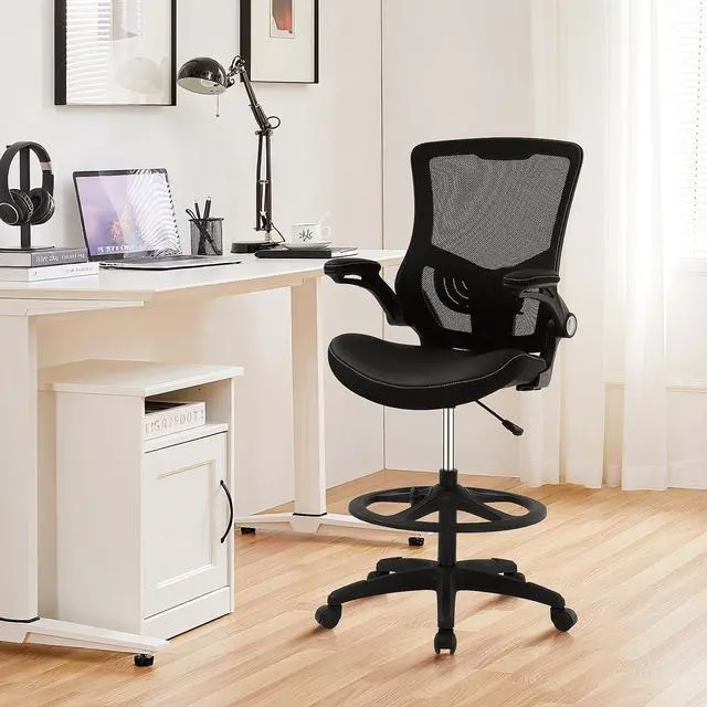 Alt view image 2 of 6 - Drafting Chair Tall Mesh Drafting Stool for Standing Desk, Adjustable Bar Height Reception Office Chair with Flip-Up Arms & Foot-Ring, Ergonomic Mesh Computer Drafting Stool for Home Office Working