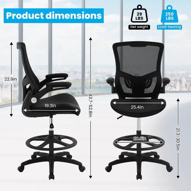 Alt view image 3 of 6 - Drafting Chair Tall Mesh Drafting Stool for Standing Desk, Adjustable Bar Height Reception Office Chair with Flip-Up Arms & Foot-Ring, Ergonomic Mesh Computer Drafting Stool for Home Office Working