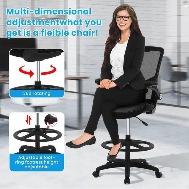 Alt view image 4 of 6 - Drafting Chair Tall Mesh Drafting Stool for Standing Desk, Adjustable Bar Height Reception Office Chair with Flip-Up Arms & Foot-Ring, Ergonomic Mesh Computer Drafting Stool for Home Office Working