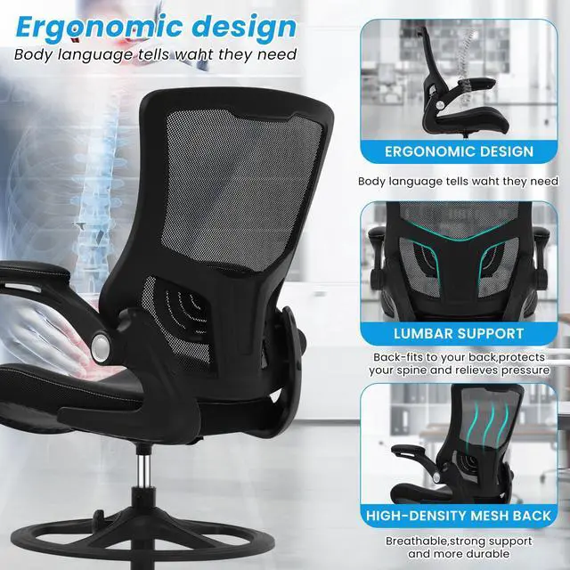 Alt view image 5 of 6 - Drafting Chair Tall Mesh Drafting Stool for Standing Desk, Adjustable Bar Height Reception Office Chair with Flip-Up Arms & Foot-Ring, Ergonomic Mesh Computer Drafting Stool for Home Office Working