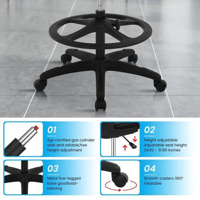 Alt view image 6 of 6 - Drafting Chair Tall Mesh Drafting Stool for Standing Desk, Adjustable Bar Height Reception Office Chair with Flip-Up Arms & Foot-Ring, Ergonomic Mesh Computer Drafting Stool for Home Office Working