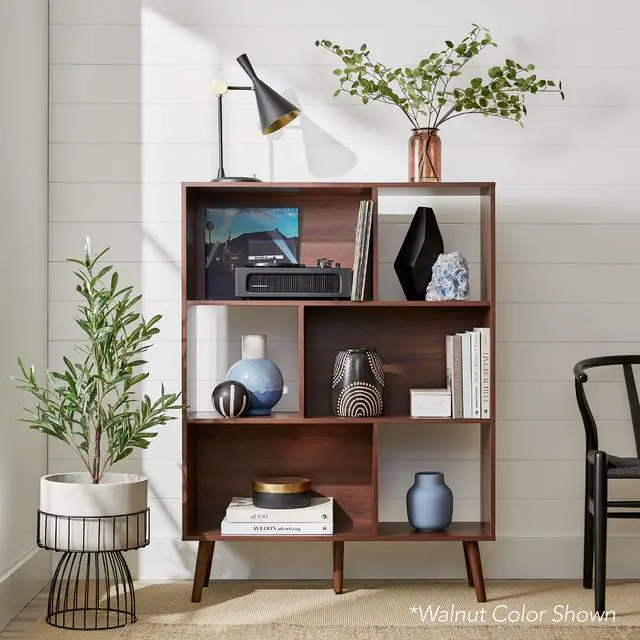 Alt view image 2 of 6 - 3-Tier Mid-Century Modern Wooden Bookcase, 6-Cube Organizer for Nursery, Kids Room, Living Room, w/Removable Back Panels, Pine Legs - White/Brown
