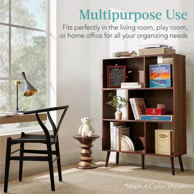 Alt view image 5 of 6 - 3-Tier Mid-Century Modern Wooden Bookcase, 6-Cube Organizer for Nursery, Kids Room, Living Room, w/Removable Back Panels, Pine Legs - White/Brown