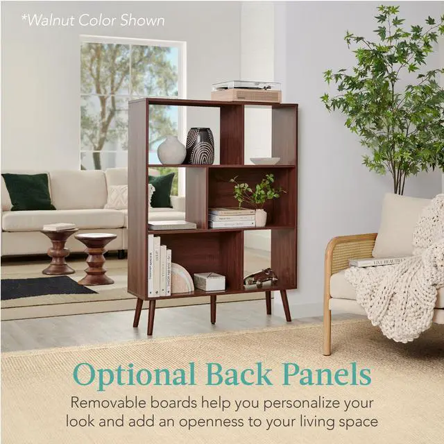 Alt view image 6 of 6 - 3-Tier Mid-Century Modern Wooden Bookcase, 6-Cube Organizer for Nursery, Kids Room, Living Room, w/Removable Back Panels, Pine Legs - White/Brown