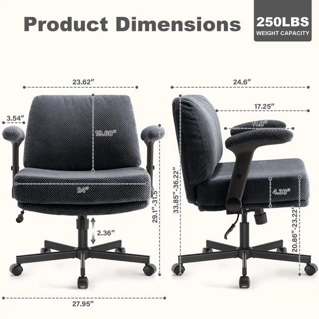 Alt view image 2 of 6 - Criss Cross Chair with Wheels and Flip Arms- Comfy Fabric Cross Legged Office Chair with Thick Cushion&Wide Seat, Adjustable Swivel Desk Chair for Home Office, Apartment, Bedroom