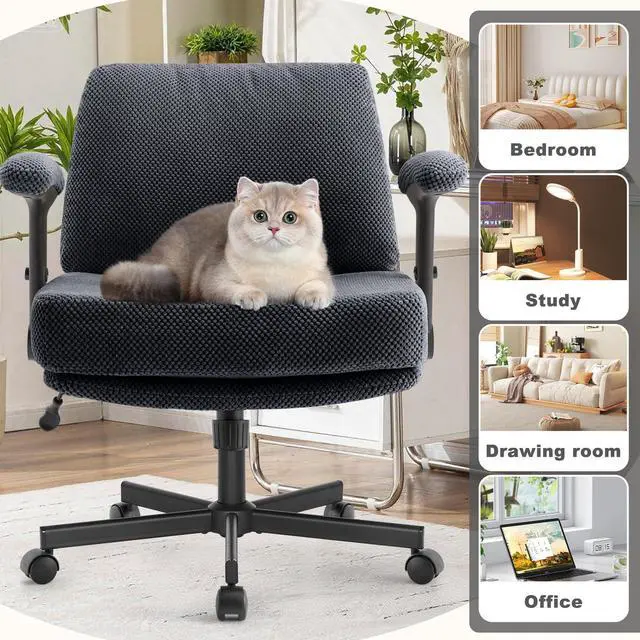 Alt view image 3 of 6 - Criss Cross Chair with Wheels and Flip Arms- Comfy Fabric Cross Legged Office Chair with Thick Cushion&Wide Seat, Adjustable Swivel Desk Chair for Home Office, Apartment, Bedroom