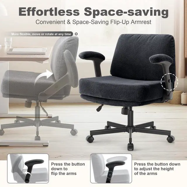 Alt view image 4 of 6 - Criss Cross Chair with Wheels and Flip Arms- Comfy Fabric Cross Legged Office Chair with Thick Cushion&Wide Seat, Adjustable Swivel Desk Chair for Home Office, Apartment, Bedroom