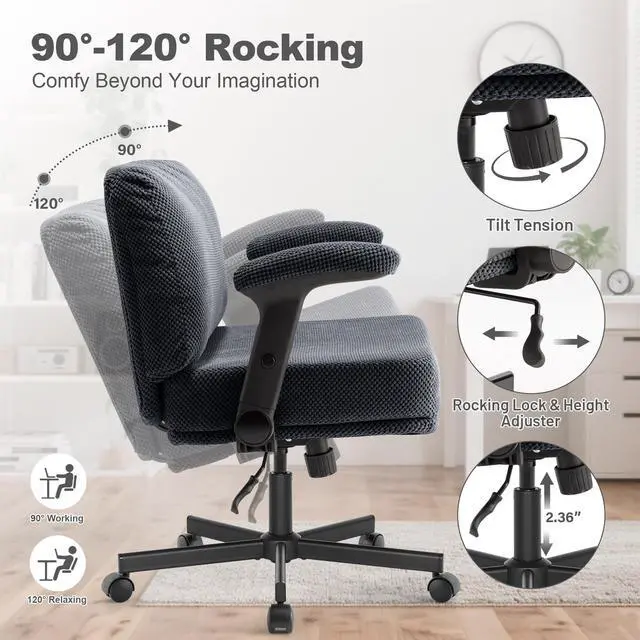 Alt view image 6 of 6 - Criss Cross Chair with Wheels and Flip Arms- Comfy Fabric Cross Legged Office Chair with Thick Cushion&Wide Seat, Adjustable Swivel Desk Chair for Home Office, Apartment, Bedroom