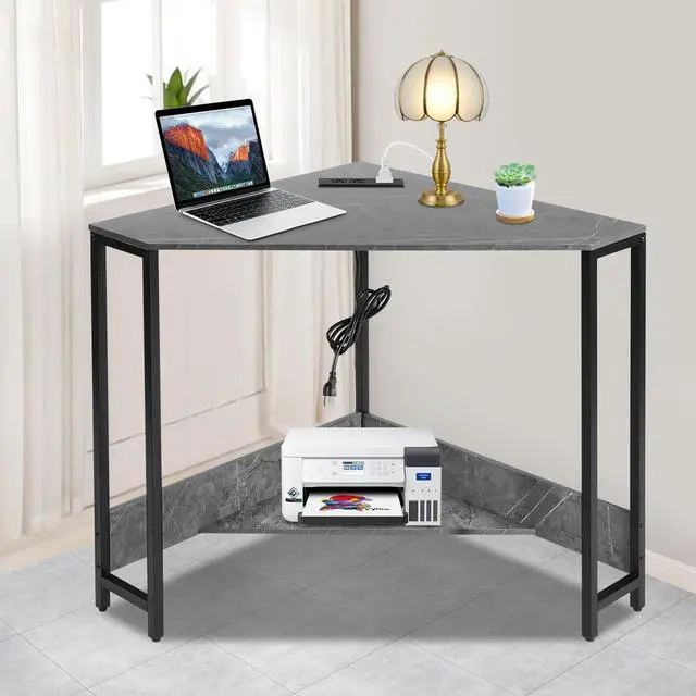 Alt view image 2 of 6 - Corner Small Desk with Outlets, Triangle Desk with Storage, for Small Space Home Office, Workstation, Living Room, Bedroom (Grey)