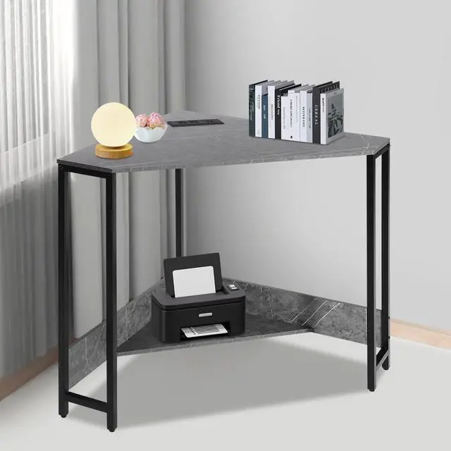 Alt view image 4 of 6 - Corner Small Desk with Outlets, Triangle Desk with Storage, for Small Space Home Office, Workstation, Living Room, Bedroom (Grey)