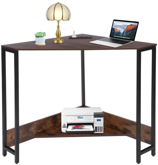 Main image of Corner Small Desk with Outlets, Triangle Desk with Storage, for Small Space Home Office, Workstation, Living Room, Bedroom (Brown)