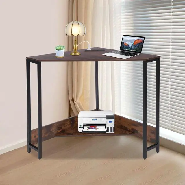 Alt view image 2 of 6 - Corner Small Desk with Outlets, Triangle Desk with Storage, for Small Space Home Office, Workstation, Living Room, Bedroom (Brown)