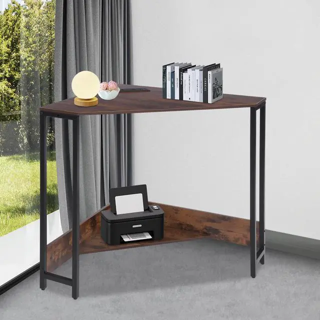 Alt view image 4 of 6 - Corner Small Desk with Outlets, Triangle Desk with Storage, for Small Space Home Office, Workstation, Living Room, Bedroom (Brown)