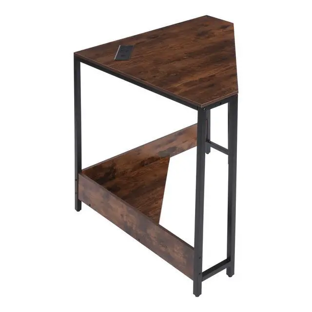 Alt view image 6 of 6 - Corner Small Desk with Outlets, Triangle Desk with Storage, for Small Space Home Office, Workstation, Living Room, Bedroom (Brown)
