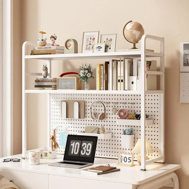 Main image of 2 Tiers Freestanding Desk Bookshelf, 38 Inch Desktop Bookcase Display Shelf Rack Modern Desk Shelf Organizer Desk Storage Organizer White for Living Room Bedroom Study Office School