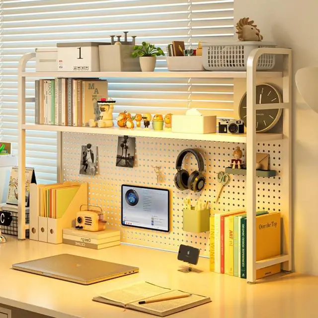 Alt view image 4 of 6 - 2 Tiers Freestanding Desk Bookshelf, 38 Inch Desktop Bookcase Display Shelf Rack Modern Desk Shelf Organizer Desk Storage Organizer White for Living Room Bedroom Study Office School