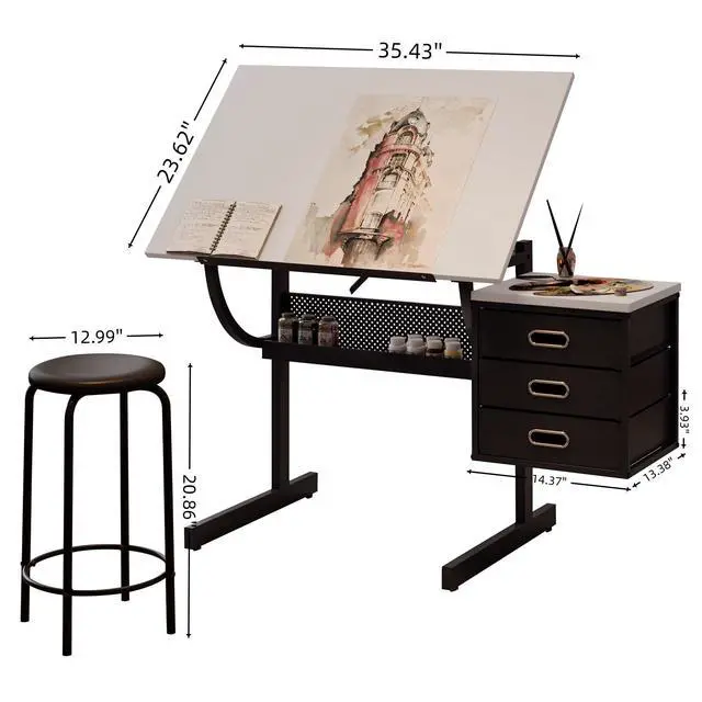 Alt view image 2 of 6 - Drafting Table Desk w/Stool, Painting Drawing Table Art Craft Desk Crafting Table with MDF Top, 3 Storage Drawers and Powder-Coated Steel Frame (White)