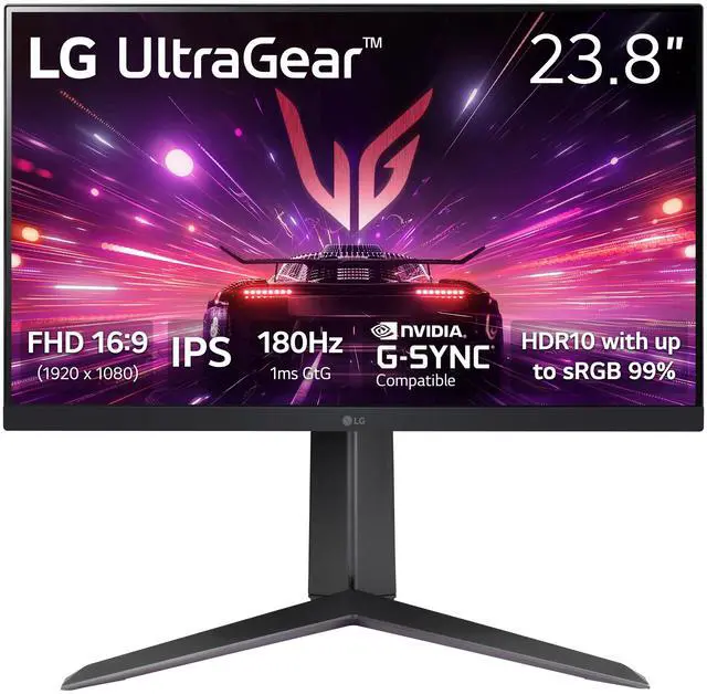 Main image of 24GS65F-B 24-inch Ultragear Full HD (1920 x 1080) IPS Gaming Monitor, 180Hz, 1ms, NVIDIA G-Sync Compatible, AMD FreeSync, HDR10, HDMI, DisplayPort, Tilt/Height/Pivot Adjustable Stand, Black