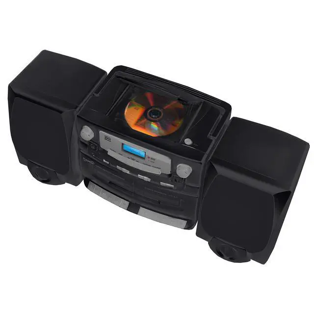 Alt view image 4 of 4 - Black Edition Vintage Bluetooth Stereo System Home Music Audio System, CD/MP3 Player, AM/FM Radio, Dual Cassette Player/Rec USB inputs, Detachable Speakers, AC/DC